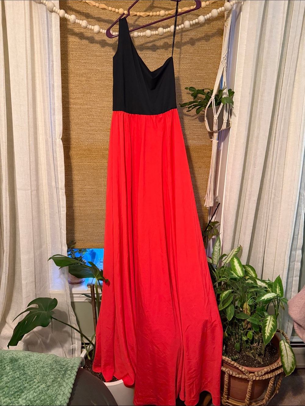 Asymmetric One-Shoulder Black & Red Maxi Dress